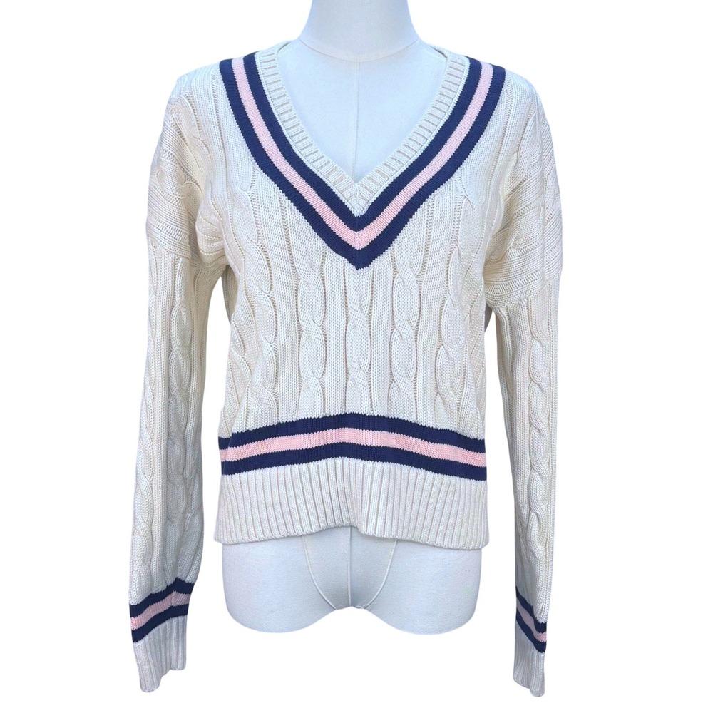 Polo Ralph Lauren Cricket Sweater Cable Knit Cream Navy Pink Academia Womens S